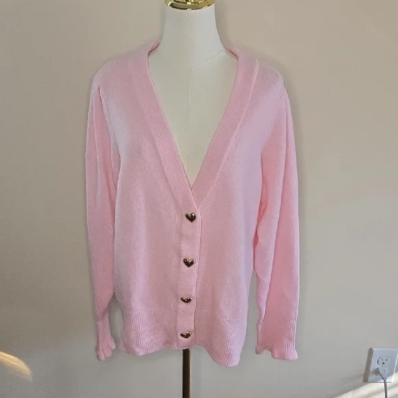 Crown & Ivy Pink Cardigan Gold Heart Buttons Coquette Feminine Balletcore Large - Picture 2 of 9